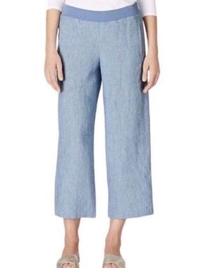 J. Jill Love Linen Blue White Stripe Pull On Wide Leg Cropped Pants, Size M